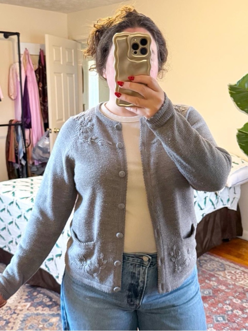 Karen Scott gray floral embroidered sweater
